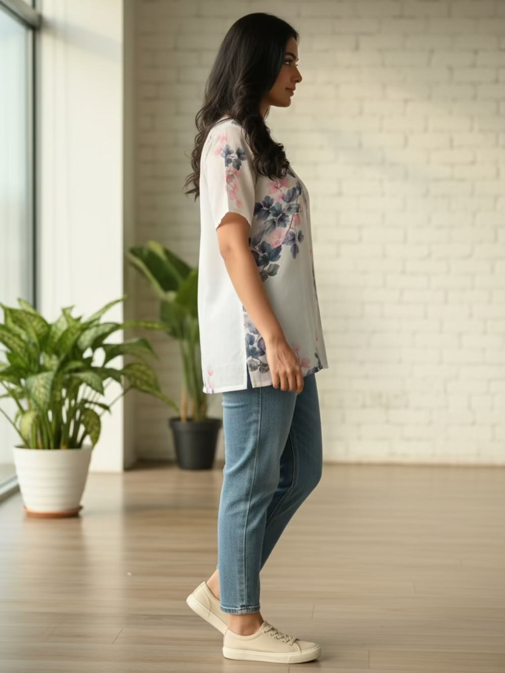 Silk Blend Short Kurti - Ivory Floral