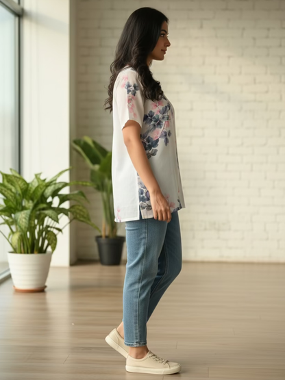 Silk Blend Short Kurti - Ivory Floral