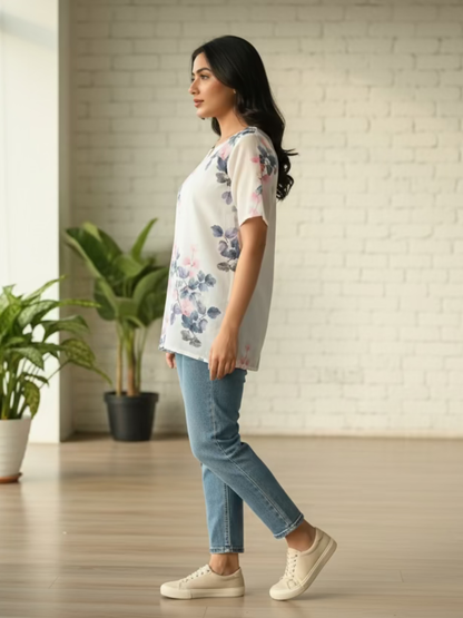 Silk Blend Short Kurti - Ivory Floral