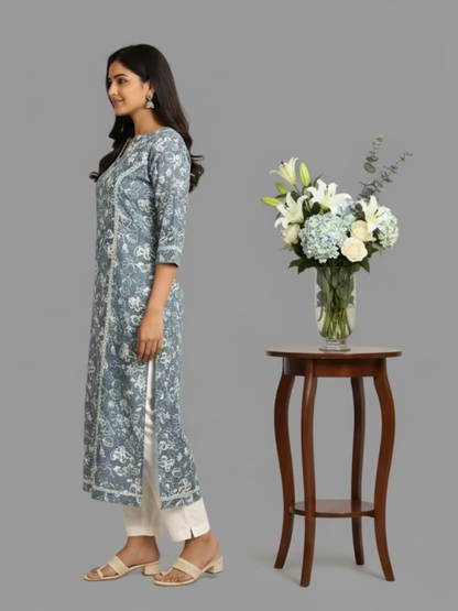 Printed Cotton Kurta- Powder Blue Floral