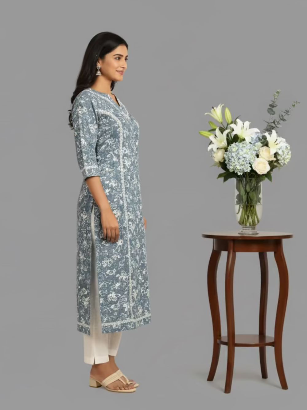 Printed Cotton Kurta- Powder Blue Floral