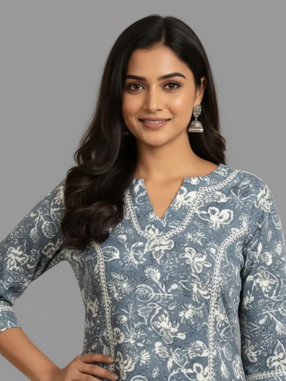 Printed Cotton Kurta- Powder Blue Floral