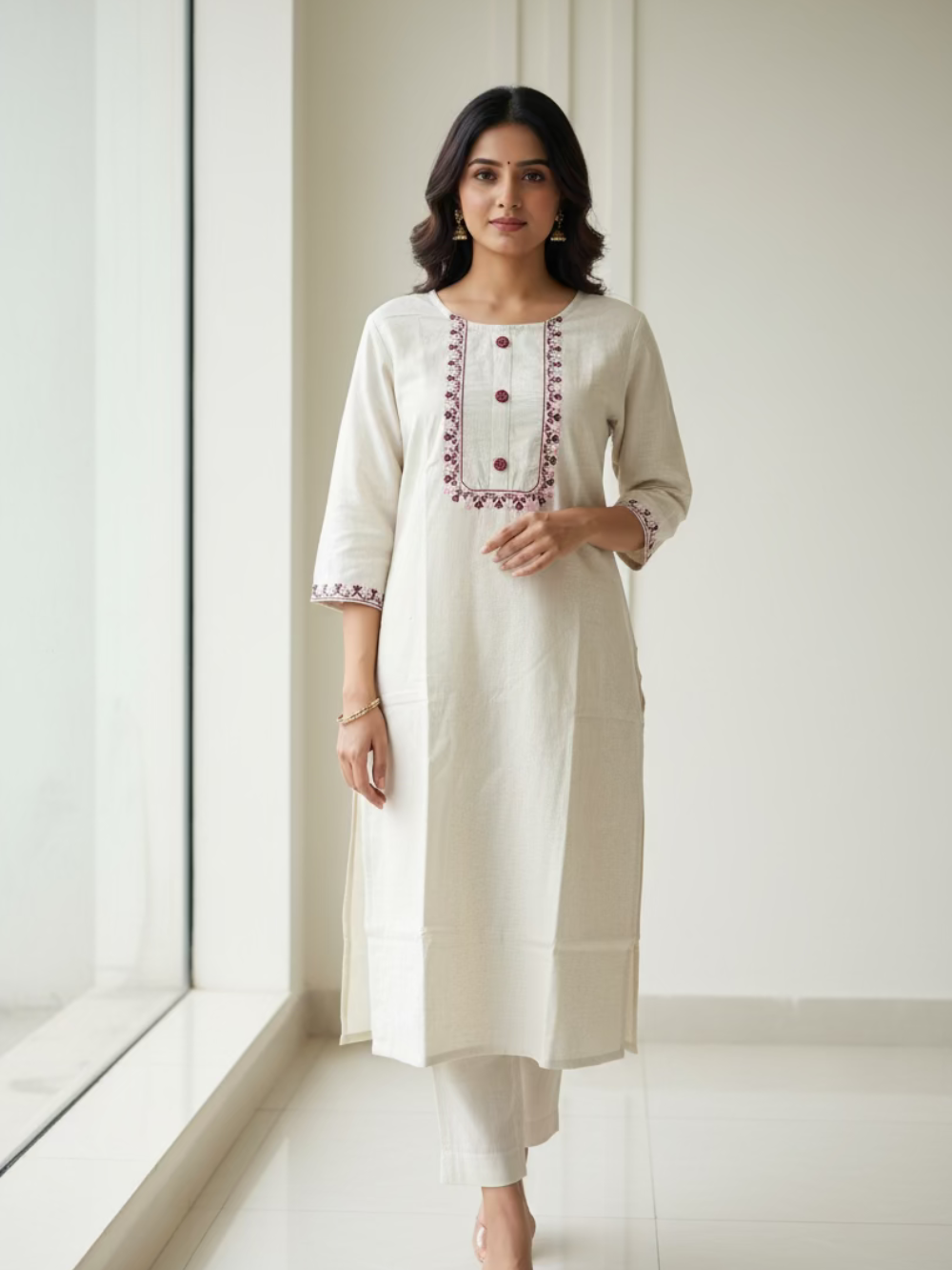 Handloom Cotton Kurta- Off White Embroidered