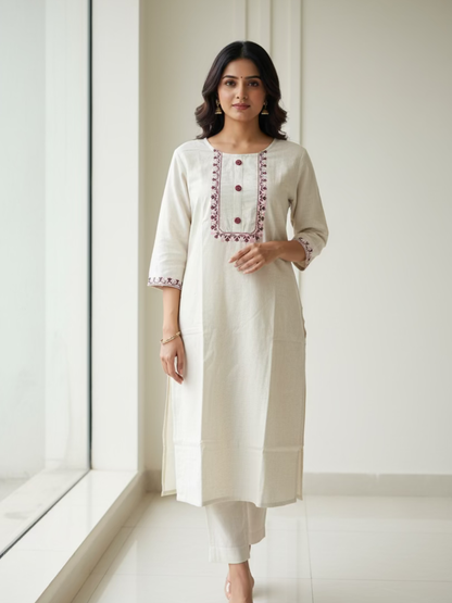 Handloom Cotton Kurta- Off White Embroidered