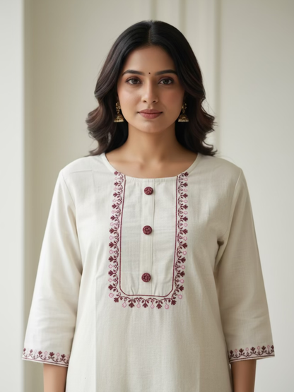 Handloom Cotton Kurta- Off White Embroidered
