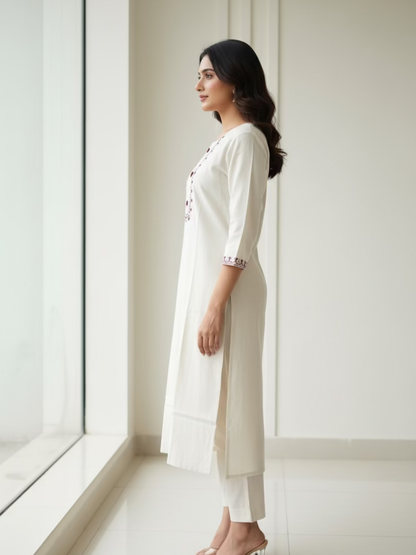 Handloom Cotton Kurta- Off White Embroidered