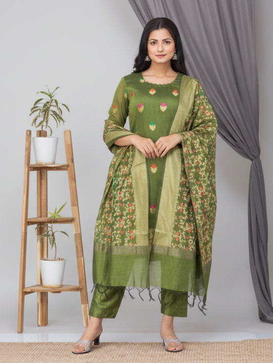 Green Silk Blend Suit Set