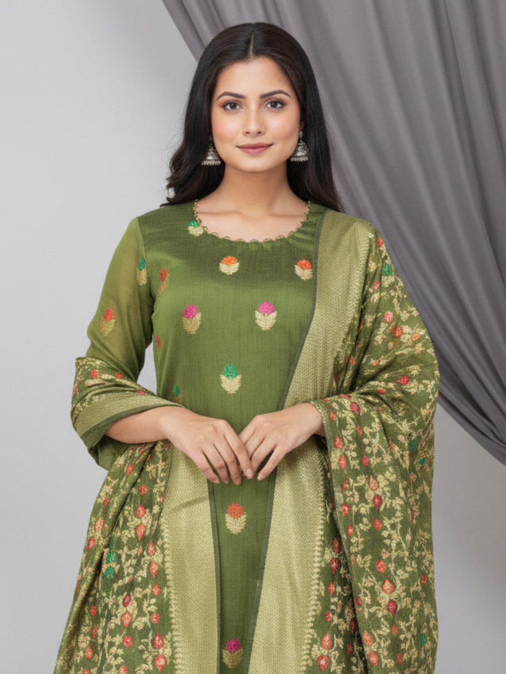 Green Silk Blend Suit Set
