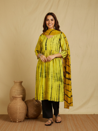 Hand Block Printed Cotton Suit Set- Yellow Shibori ( 3 Piece )
