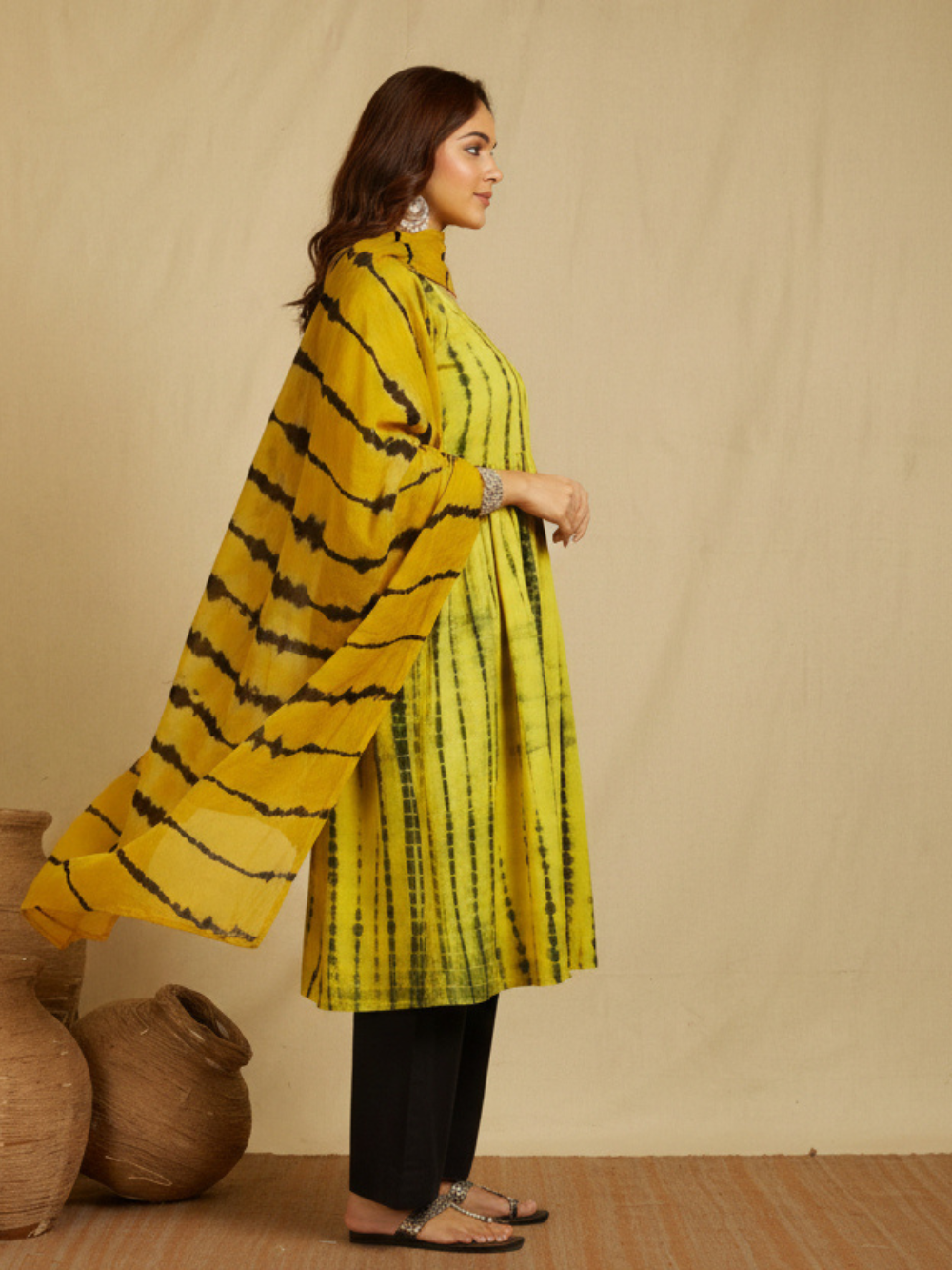 Hand Block Printed Cotton Suit Set- Yellow Shibori ( 3 Piece )