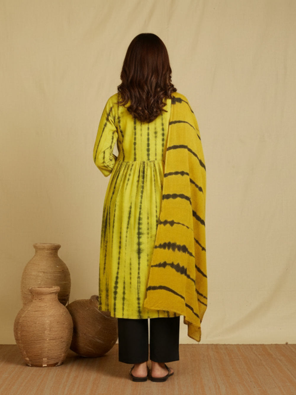 Hand Block Printed Cotton Suit Set- Yellow Shibori ( 3 Piece )