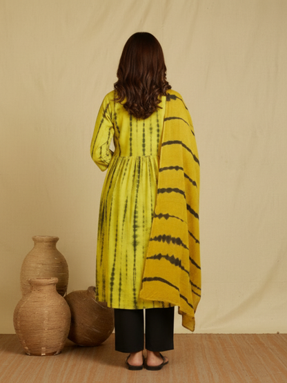 Hand Block Printed Cotton Suit Set- Yellow Shibori ( 3 Piece )