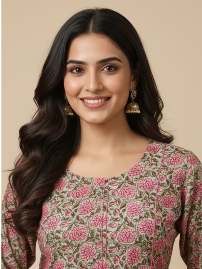 Nirma Hand Block Printed Cotton Kurta- Olive green