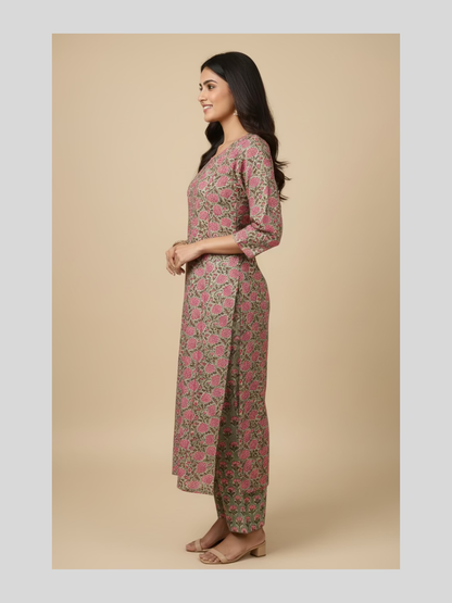 Rosha Hand Block Printed Cotton Suit Set ( Set Of 2 )-Olive Green Floral
