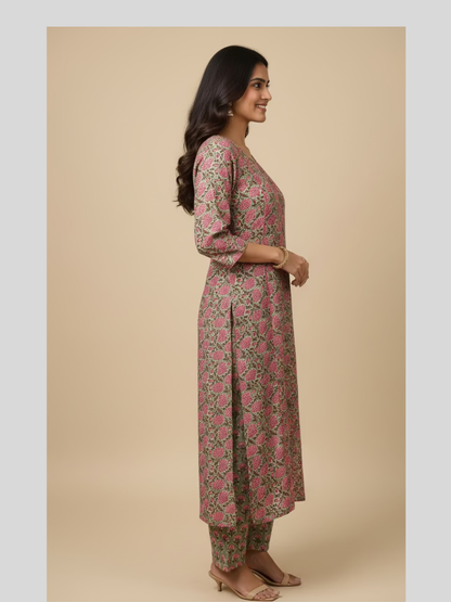 Rosha Hand Block Printed Cotton Suit Set ( Set Of 2 )-Olive Green Floral