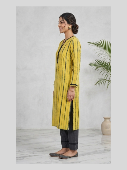 yeksha Yellow Hand Block Printed Cotton Kurta