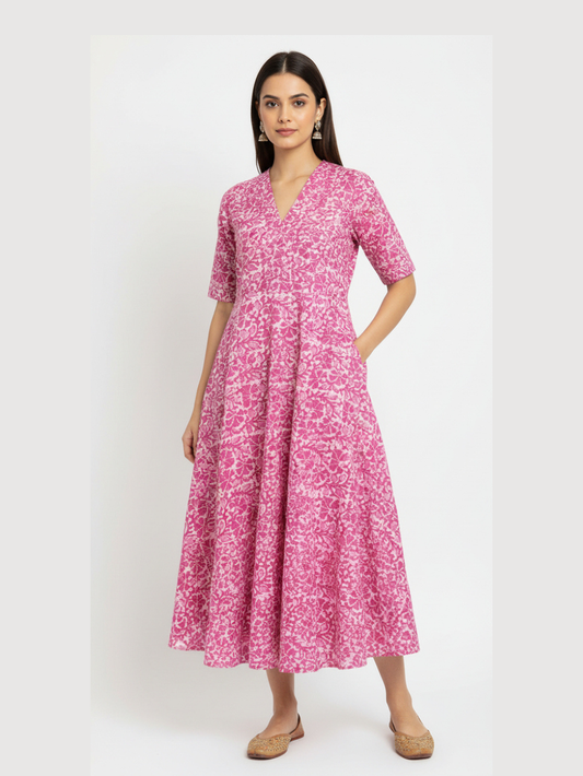 Priya Pink Hand Block Printed Cotton Dress