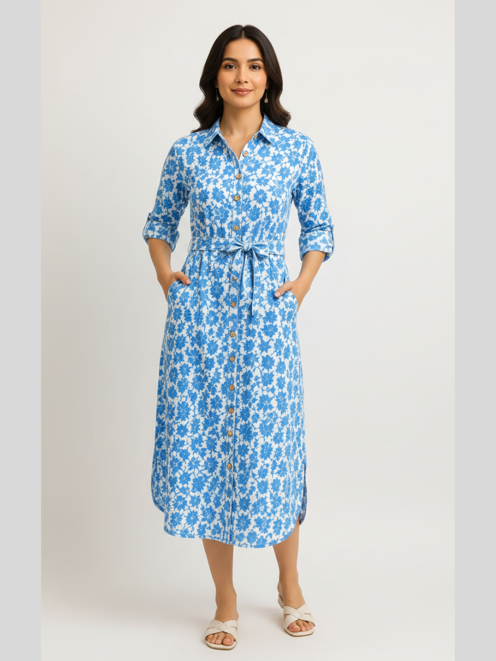 Azure Sky Blue Dabu Cotton Shirt Dress