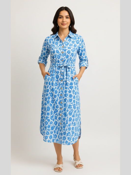 Azure Sky Blue Dabu Cotton Shirt Dress