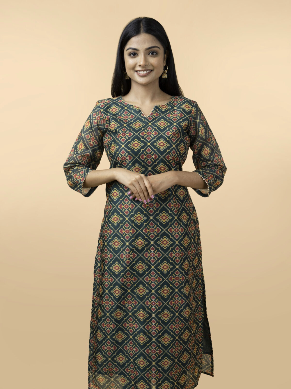 Close-up of Gul Green Chanderi Silk Kurta highlighting the fine hand block print and silk fabric texture