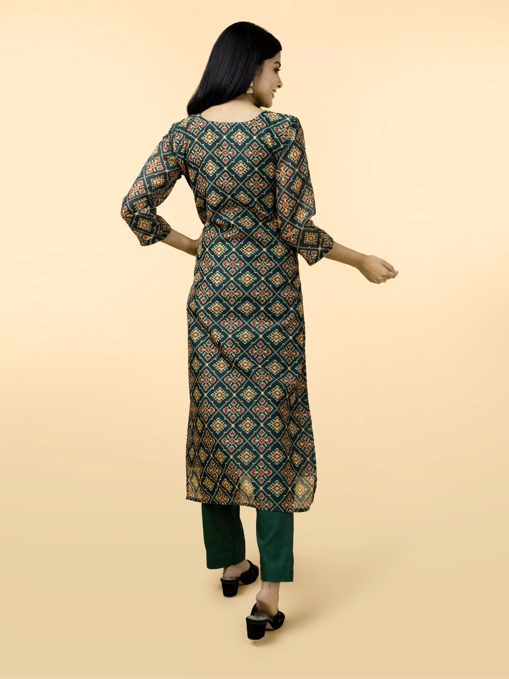 Back view of Gul Green Chanderi Silk Kurta in green with all-over block print design."