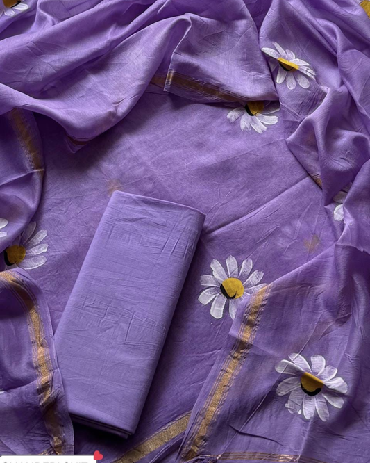Purple Hand painted Chanderi Silk Unstitched Suit- Set of 3
