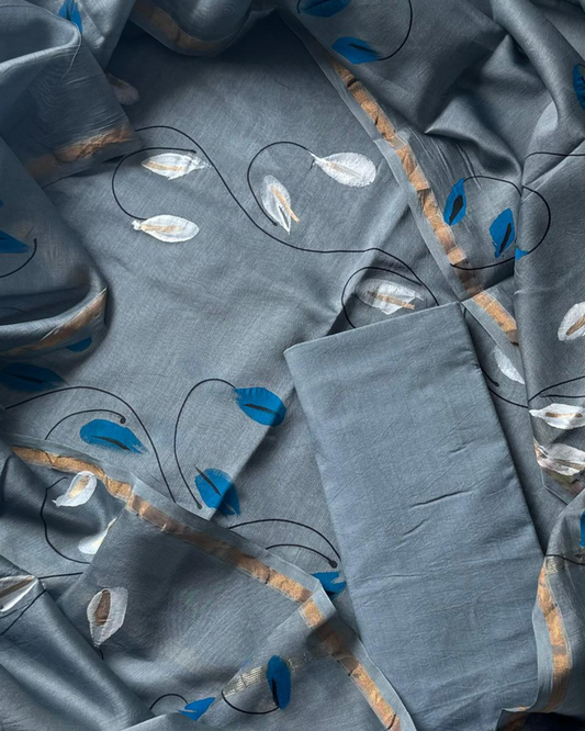 Grey Hand Painted Chanderi Silk Unstiched Suit- Set of 3