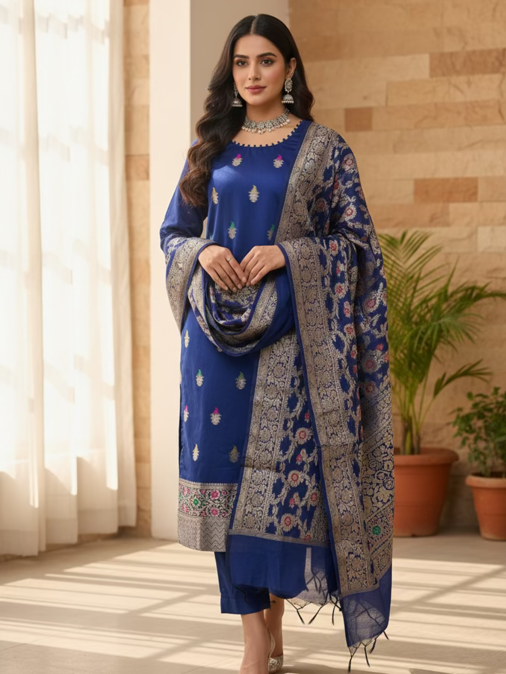Banarasi Cotton Silk Suit Set- Royal Blue ( 3 Piece )