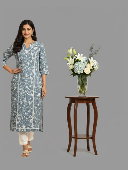 Printed Cotton Kurta- Powder Blue Floral