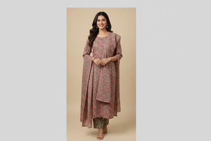 Rosha Hand Block Printed Cotton Suit Set ( Set Of 2 )-Olive Green Floral