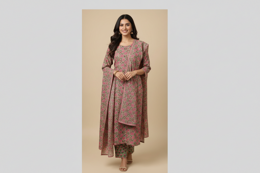 Rosha Hand Block Printed Cotton Suit Set ( Set Of 2 )-Olive Green Floral
