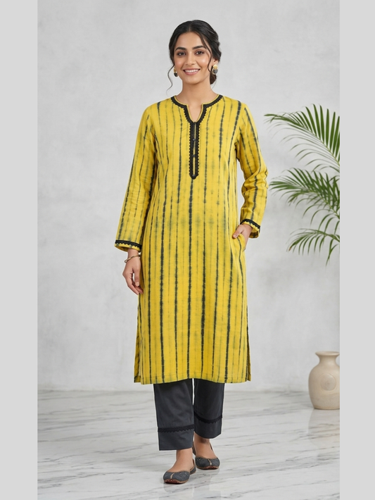 yeksha Yellow Hand Block Printed Cotton Kurta
