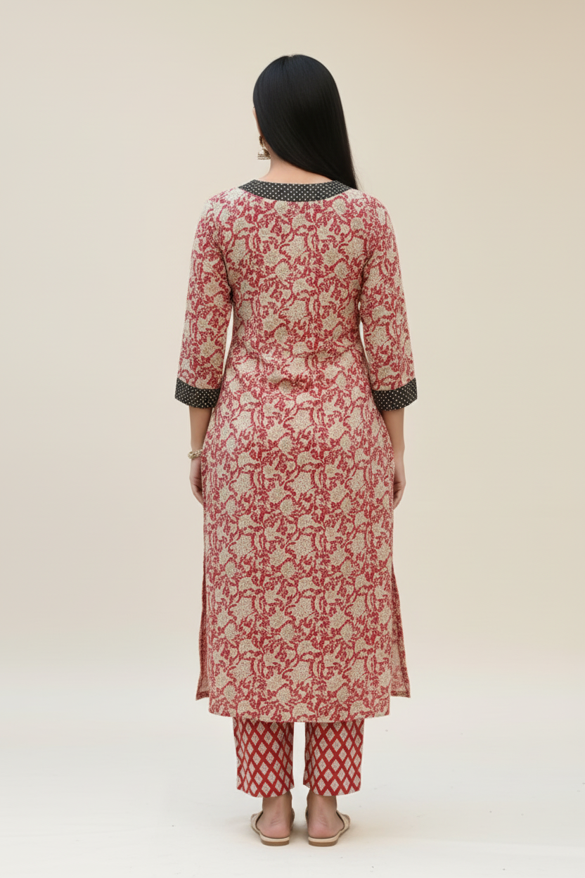 Meeta's Adithi  Red Floral Hand Block Printed Suit Set ( 2 Piece) - Back View