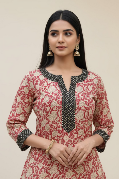 Meeta's Adithi  Red Floral Hand Block Printed Suit Set ( 2 Piece) - Close Up View