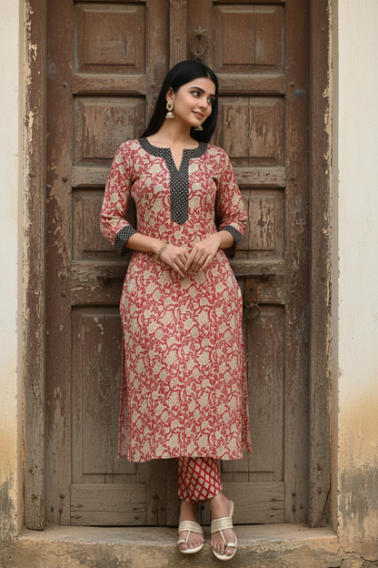 Meeta's Adithi Red Floral Hand Block Printed Suit Set ( 2 Piece) - Front View