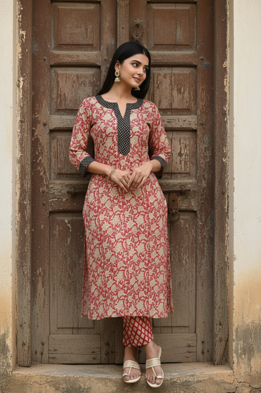 Meeta's Adithi Red Floral Hand Block Printed Suit Set ( 2 Piece) - Front View