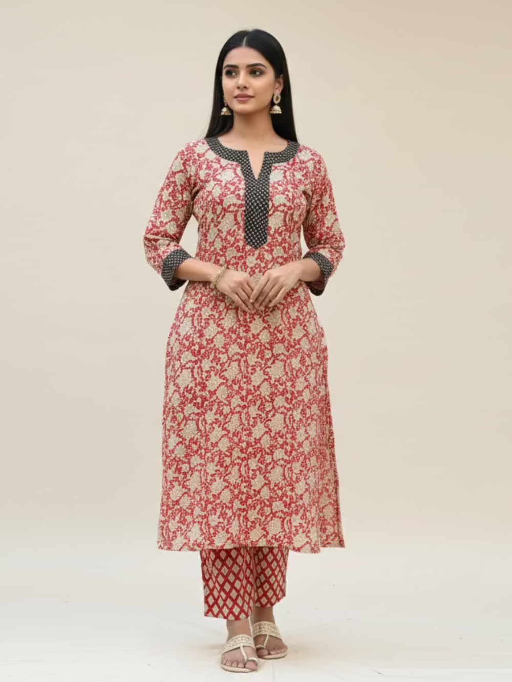Meeta's Adithi  Red Floral Hand Block Printed Suit Set ( 2 Piece) - Front Full View
