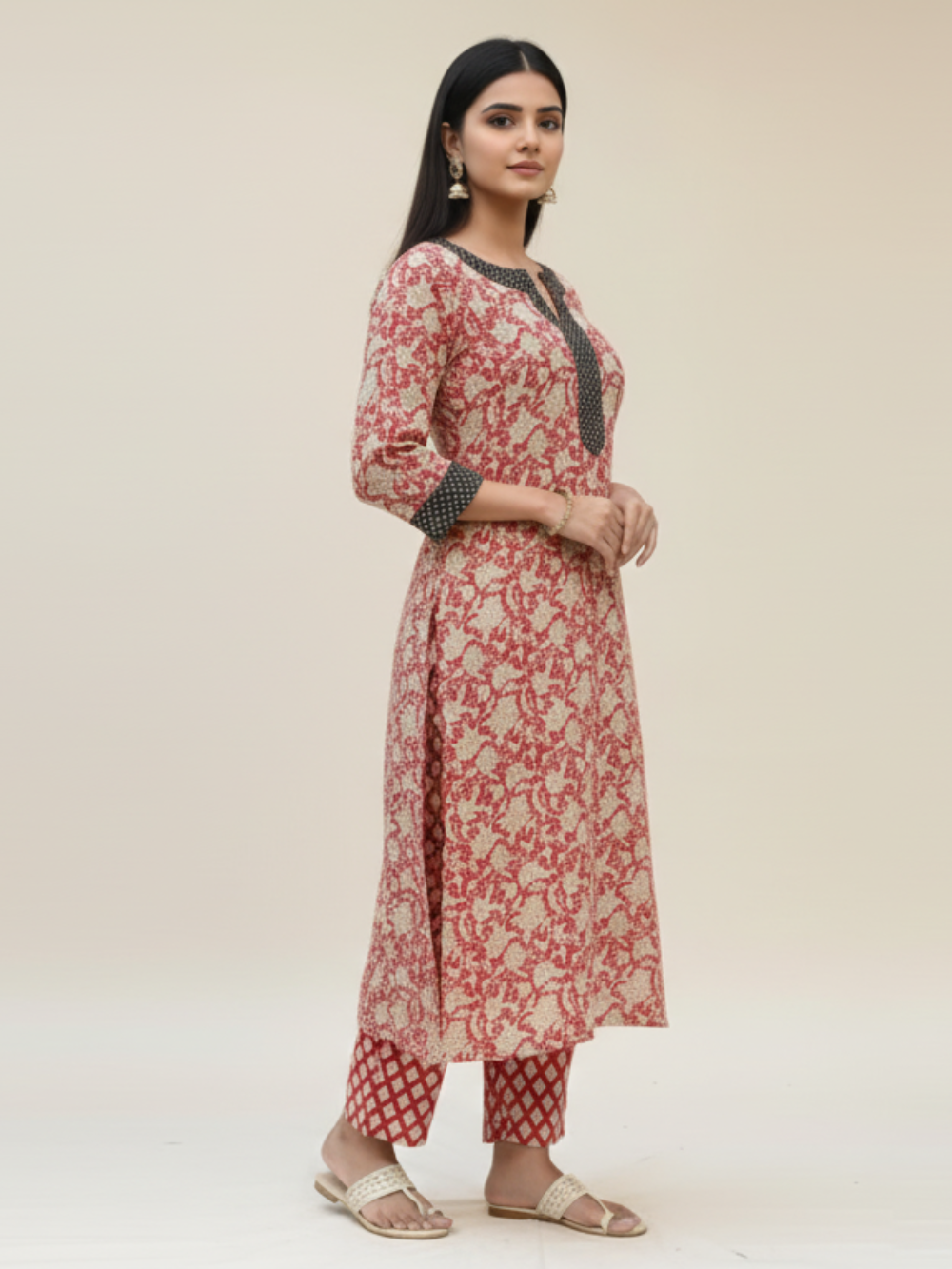 Meeta's Adithi  Red Floral Hand Block Printed Suit Set ( 2 Piece) - Side View