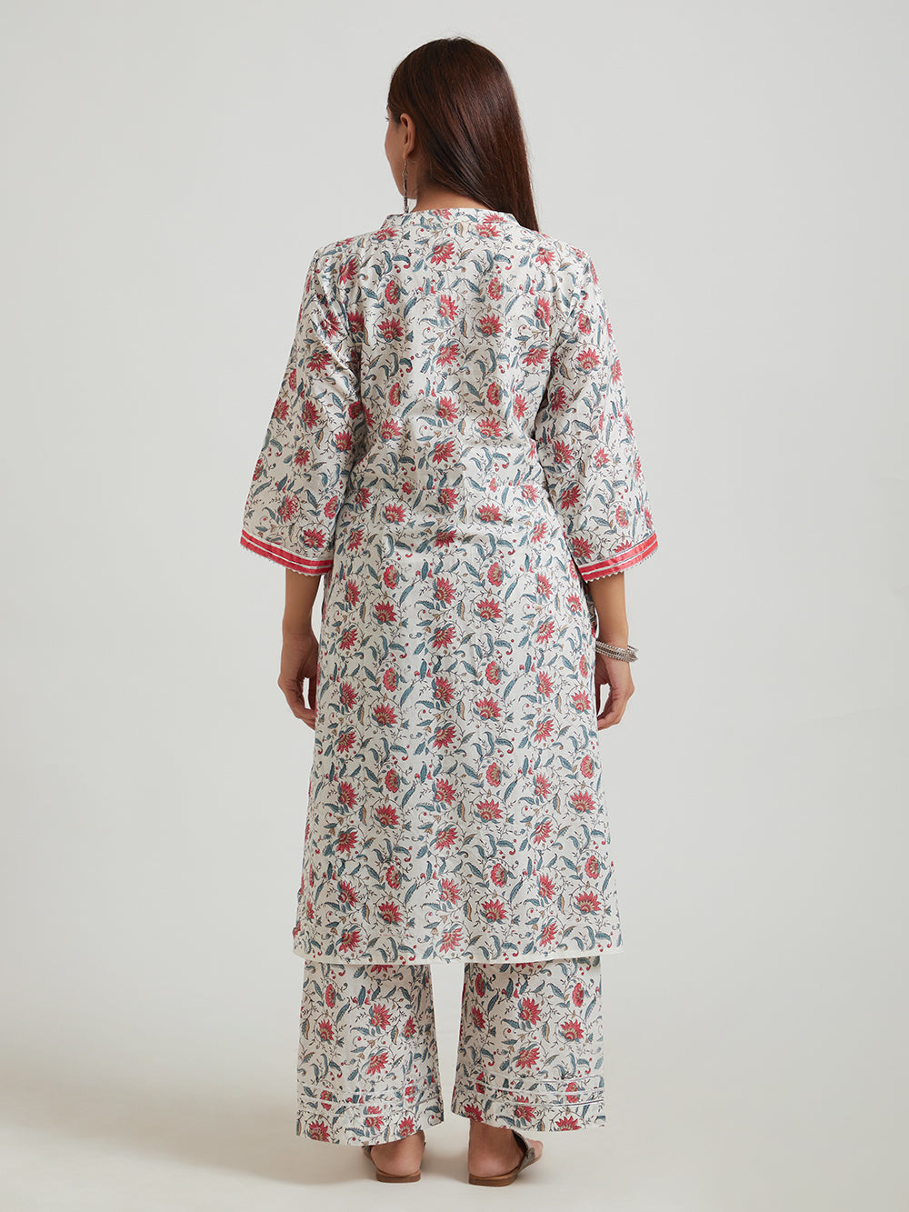Meeta's Adya White Floral Hand Block Printed Cotton Kurta - Back View