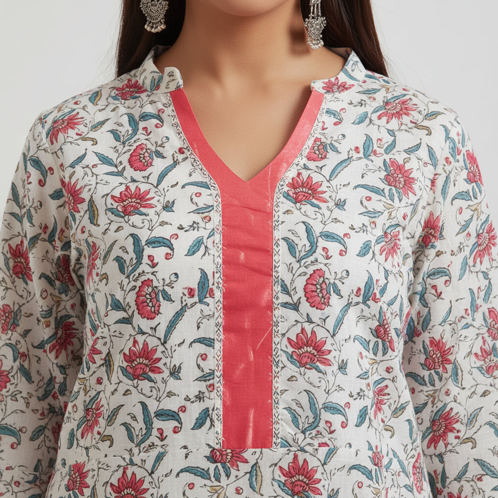Meeta's Adya White Floral Hand Block Printed Cotton Kurta - close up view