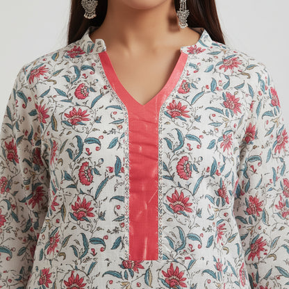 Meeta's Adya White Floral Hand Block Printed Cotton Kurta - close up view