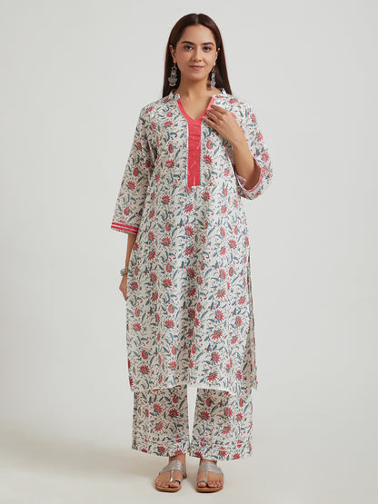 Meeta's Adya White Floral Hand Block Printed Cotton Kurta - Front View