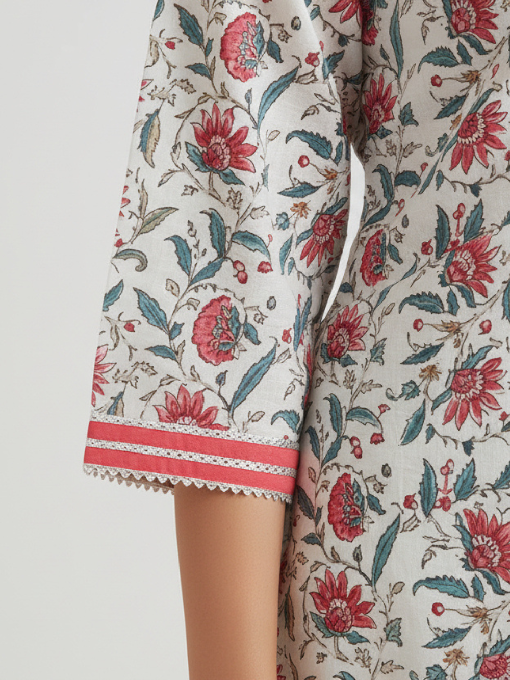 Meeta's Adya White Floral Hand Block Printed Cotton Kurta - Sleeves View