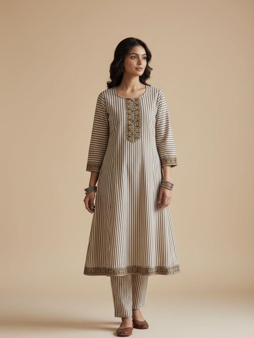 Meeta's Arha Black Striped Hand Block Printed Cotton 2 Piece Suit Set-Front Full View
