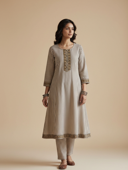Meeta's Arha Black Striped Hand Block Printed Cotton 2 Piece Suit Set-Front Full View