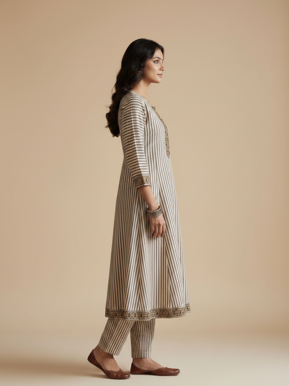 Meeta's Arha Black Striped Hand Block Printed Cotton 2 Piece Suit Set- Left View