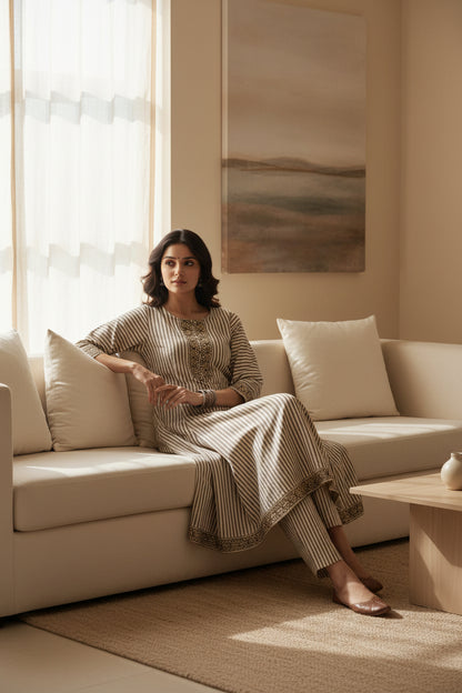 Women is sitting on sofa wearing Meeta's Arha Black Striped Hand Block Printed Cotton 2 Piece Suit Set.