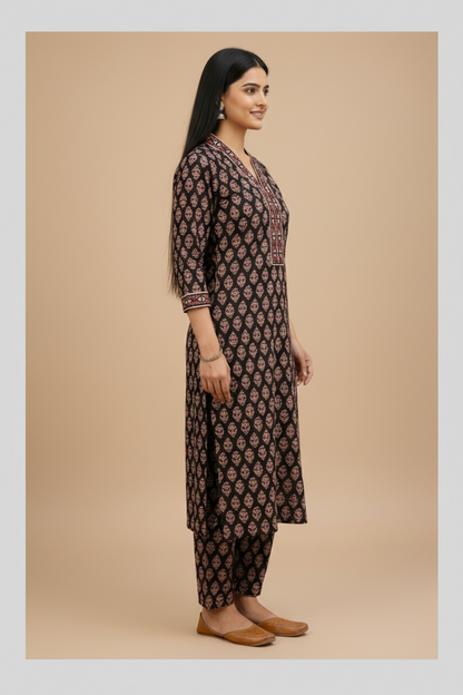 Meeta's  Asha Black Geometric  Hand block Printed cotton 2 Piece Suit- Full Fron View