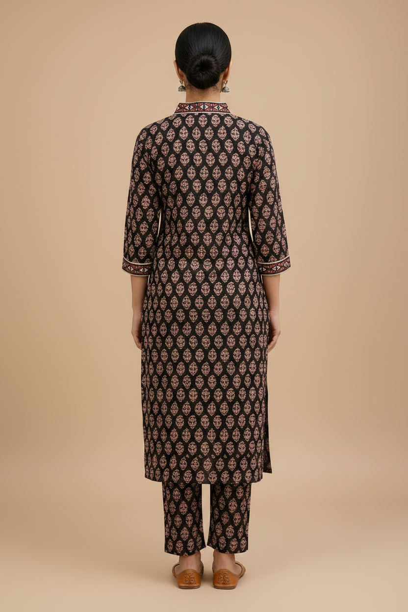 Meeta's  Asha Black Geometric  Hand block Printed cotton 2 Piece Suit- Full  Back View