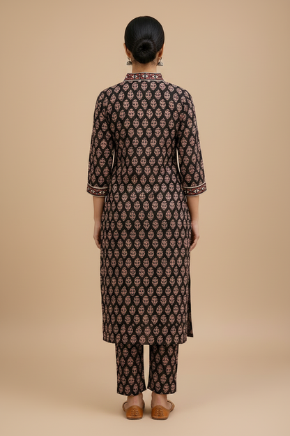 Meeta's  Asha Black Geometric  Hand block Printed cotton 2 Piece Suit- Full  Back View